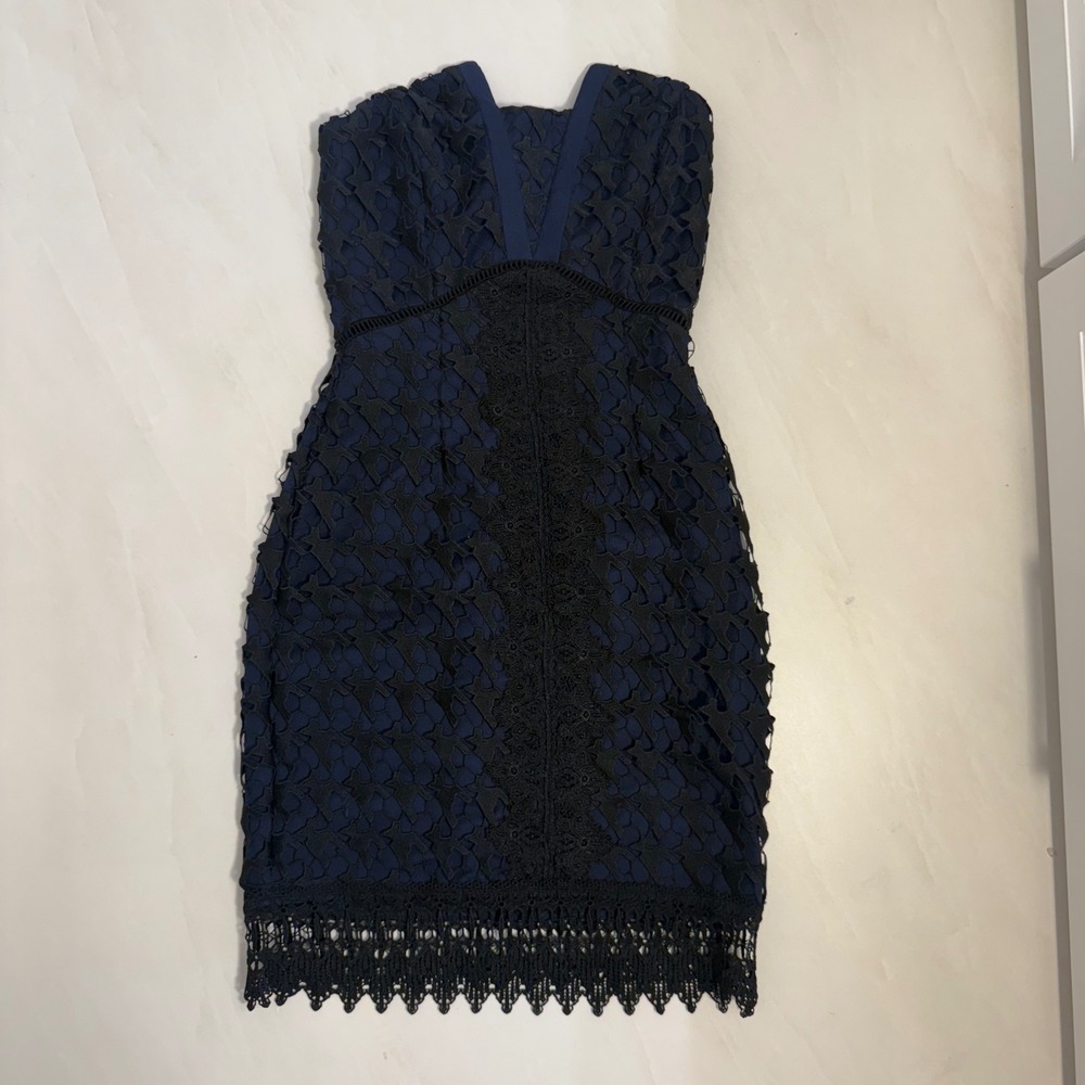 Adelyn Rae‎ Navy Blue Black Lace V Neck Strapless Bodycon Mini Dress XS